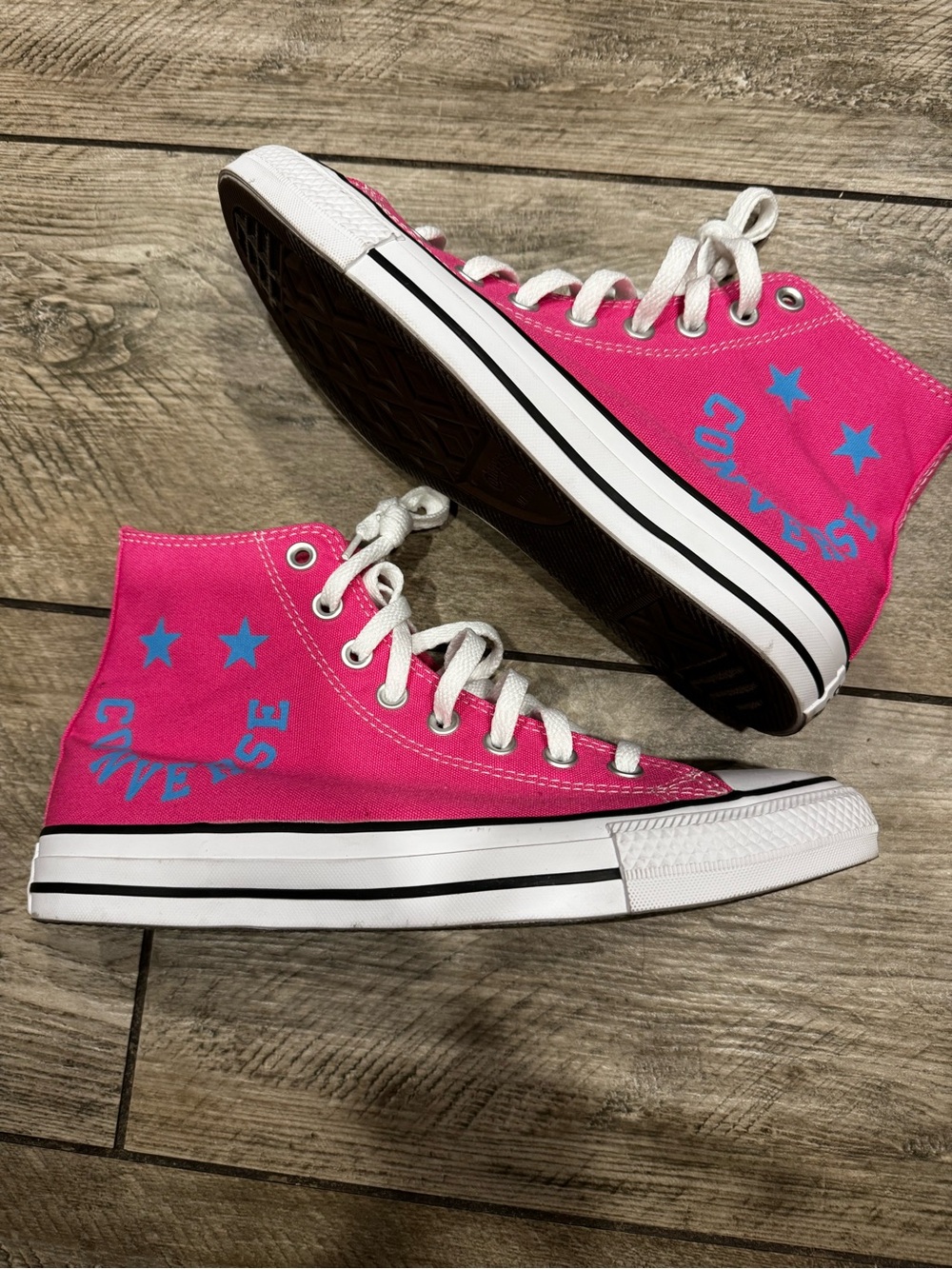 Converse High Top Sneakers - Pink with Blue Stars Smiley face